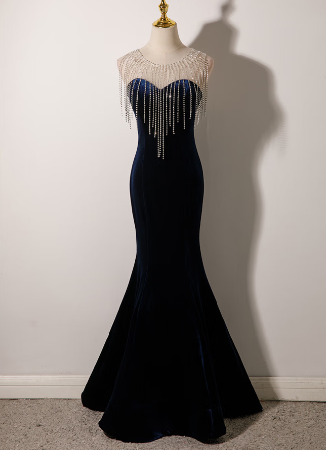 Prom Dresses,blue Velvet Evening Gowns Light Luxury Temperament Goddess Fishtail Dresses
