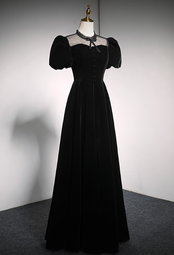 Prom Dresses,vintage Velvet Black Banquet Evening Gowns Black Bubble Sleeve Long Birthday Dresses Fairy Dresses