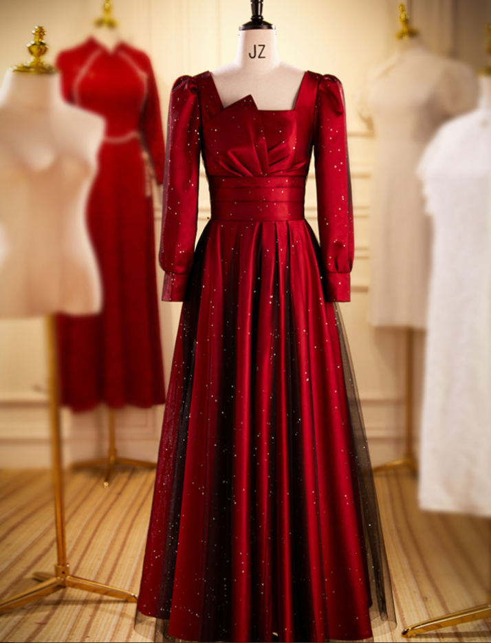 Prom Dresses,long Sleeve Square Neck Elegant Satin Burgundy Evening Gowns Party Dresses