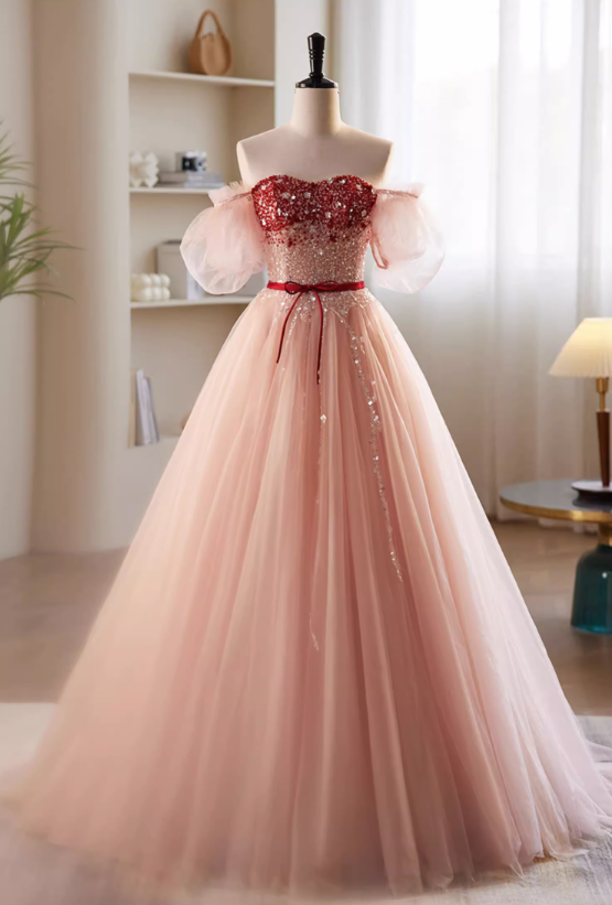 Prom Dresses,neckless Strapless Pink Haute Couture Evening Dresses Beaded Embellished Fairy Plunge Long Dresses Gowns