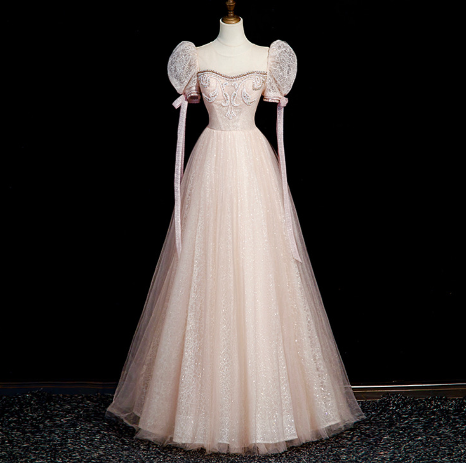 Prom Dresses,sweet Bubble Sleeve Temperament Pink Bat Mitzvah Dress U Neck Evening Gowns