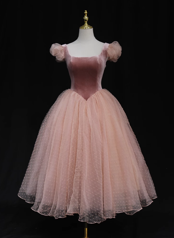 Homecoming Dresses,bubble Sleeve Mesh Princess Evening Gowns Pink U Neck Bridesmaid Dresses