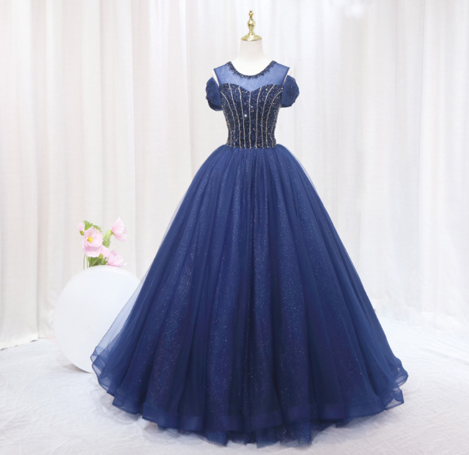 Prom Dresses,fashion Round Neck Short Sleeve Blue Evening Gowns A-line Style Beaded Embellished Party Dresses