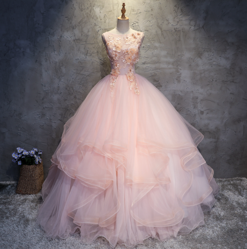 Prom Dresses,pink Mesh Applique Dresses, Girls Birthday Party Dresses