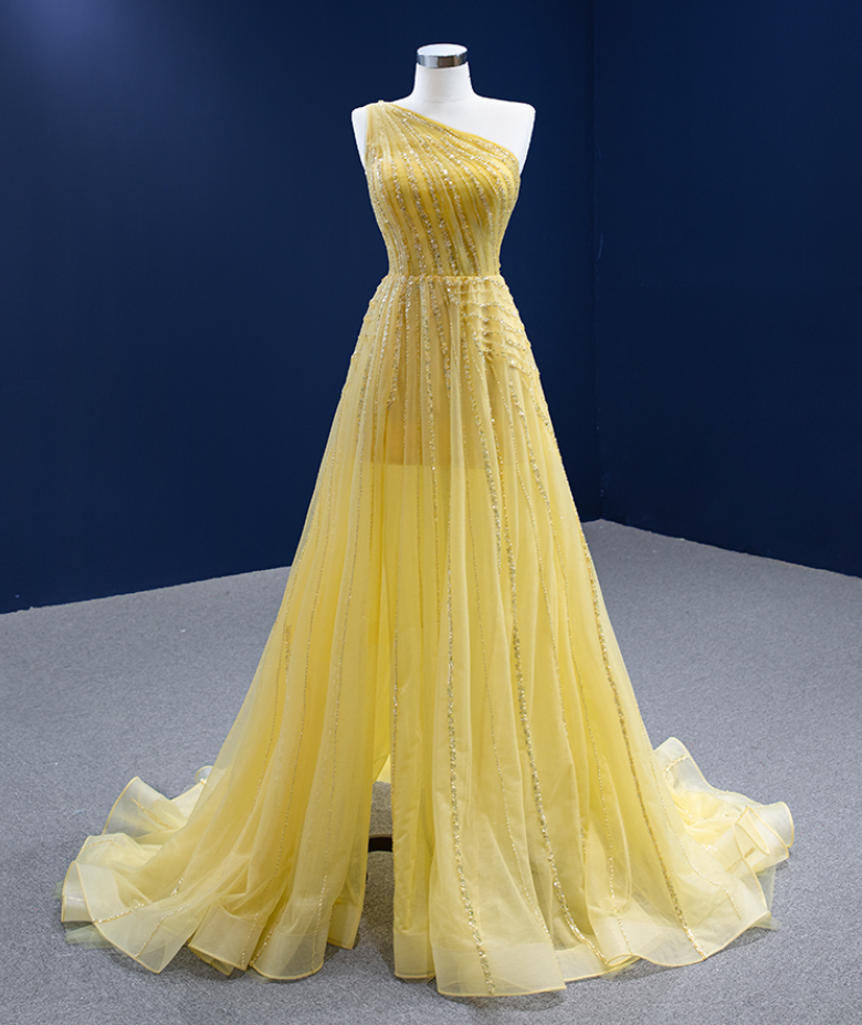 Prom Dresses,temperament Type Yellow Mesh Evening Gowns One Shoulder Sequins Embellished Business Gowns