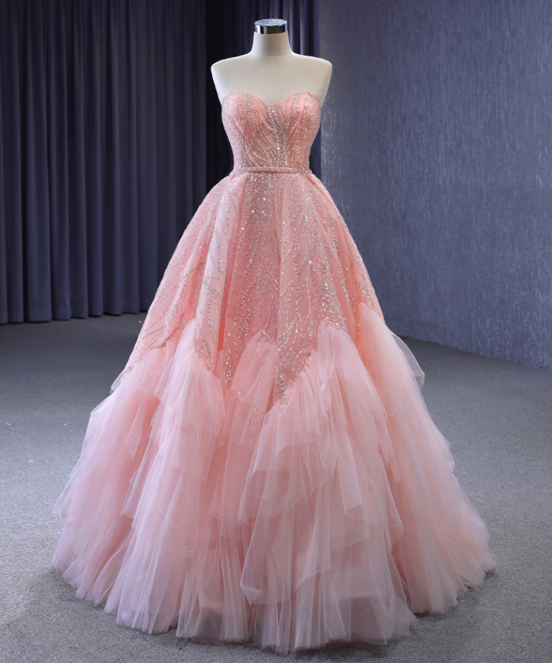 Prom Dresses,pink Tulle Strapless Long Gowns,sequins High Sweetheart Party Dresses
