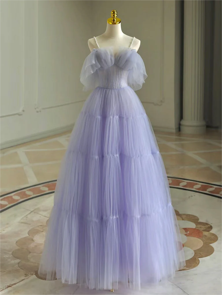 Dusty Purple Long A Line Prom Dresses, Chic Tulle Prom Dresses, High Waist Prom Dresses Y1913 main image 1