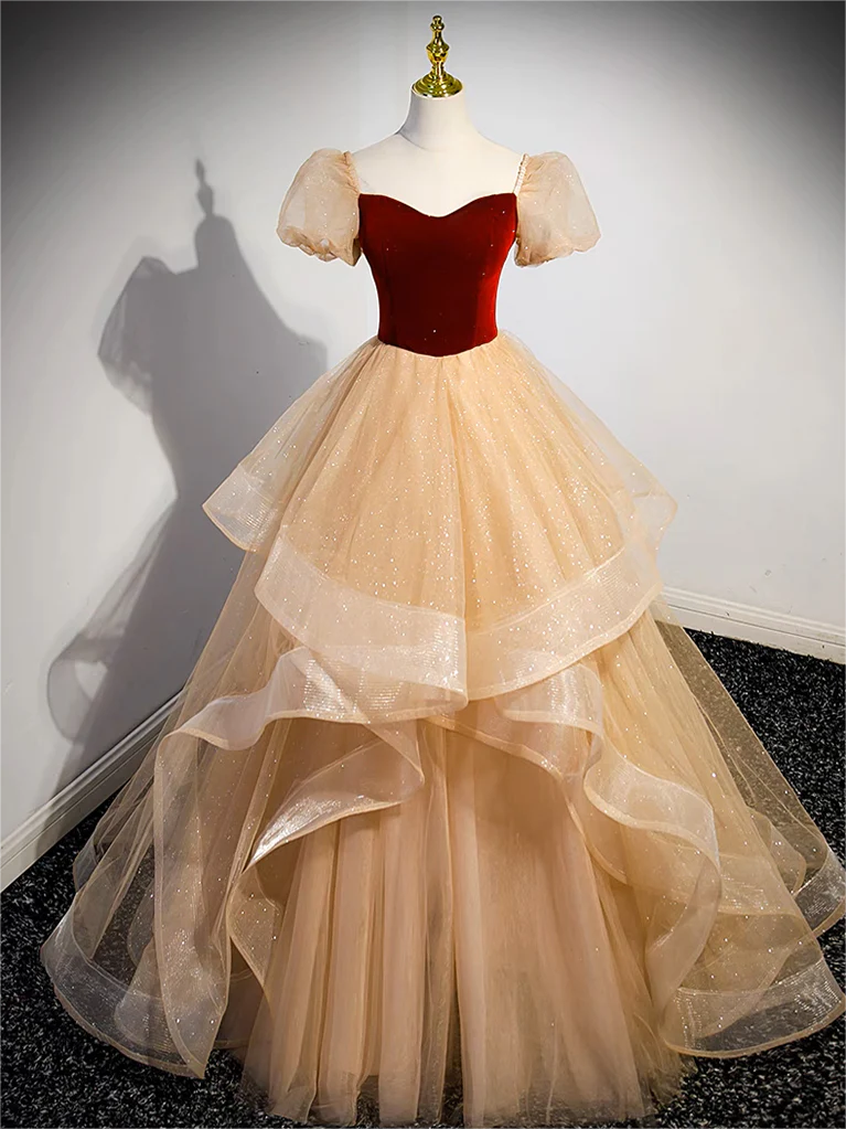 Long Prom Dress , A-line Tulle Velvet Champagne Long Prom Dress, Champagne  Long Formal Dress on Luulla