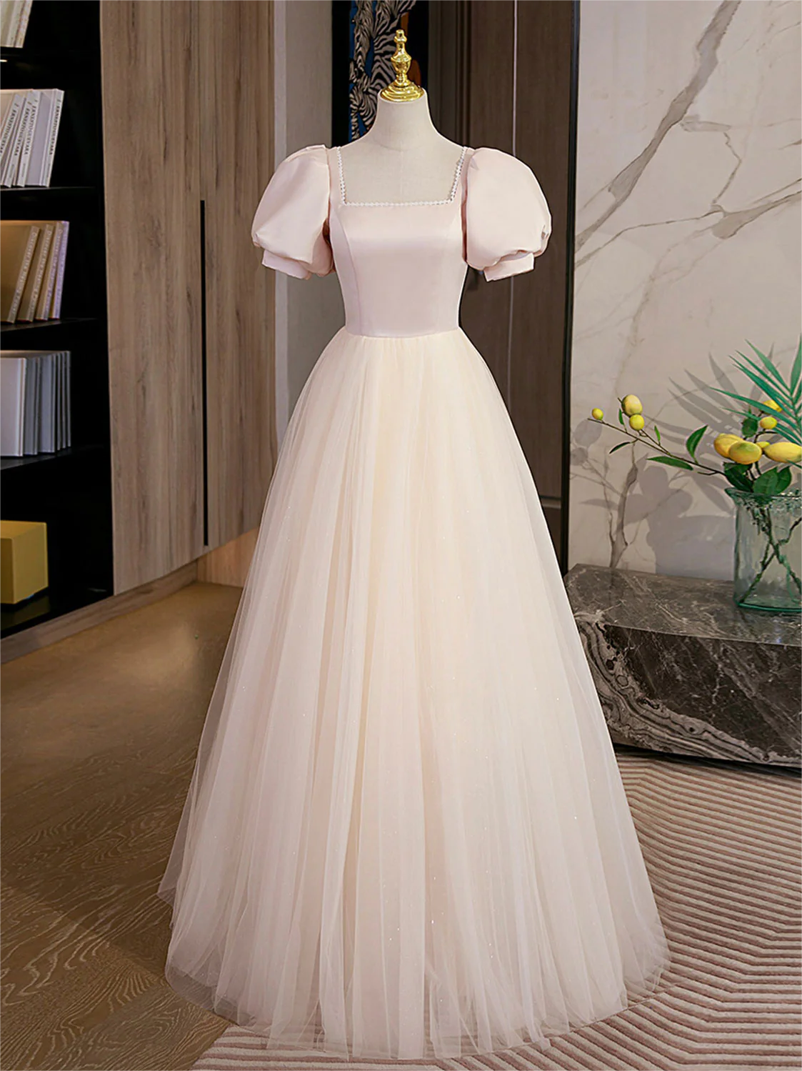 Long Prom Dress ,Champagne Tulle A Line Long Prom Dress, Champagne Formal Graduation Dresses
