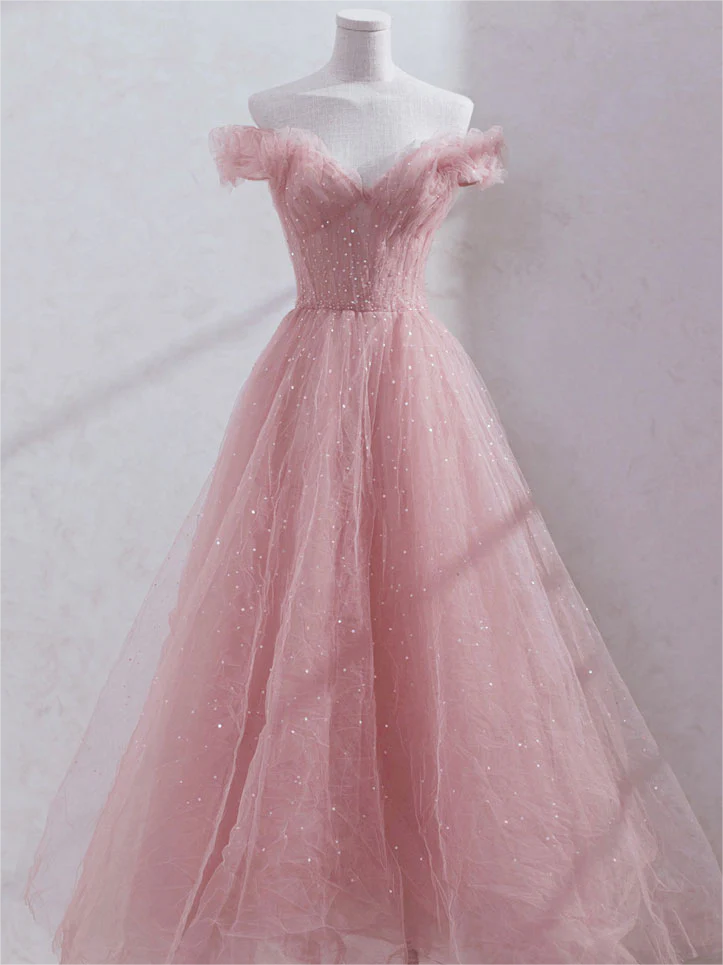 Long Prom Dress ,Pink Off Shoulder Tulle Tea Length Prom Dress, Tulle Formal Dress