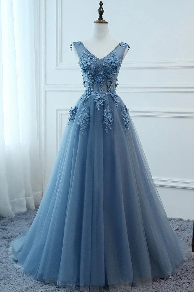 Tulle Buttons Lace Long Green Round Neck Prom Dress