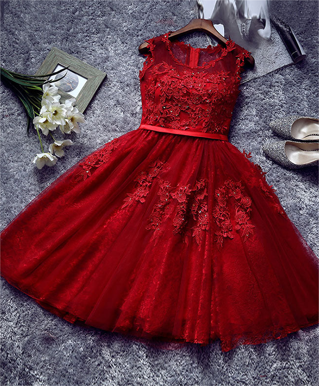 Burgundy Lace Tulle Short Prom Dress, Lace Homecoming Dresses