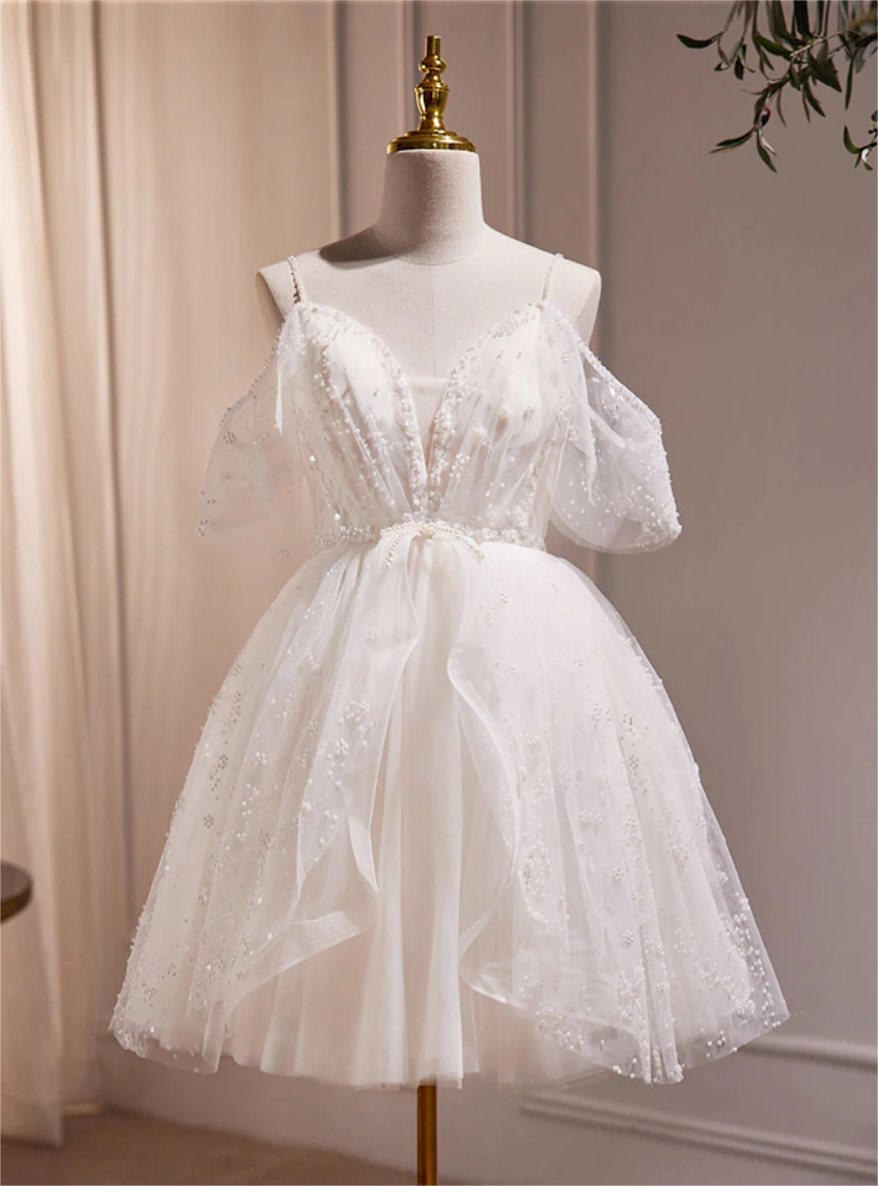 A-line V Neck Tulle Short Beige Prom Dress, Cute Beige Homecoming Dress