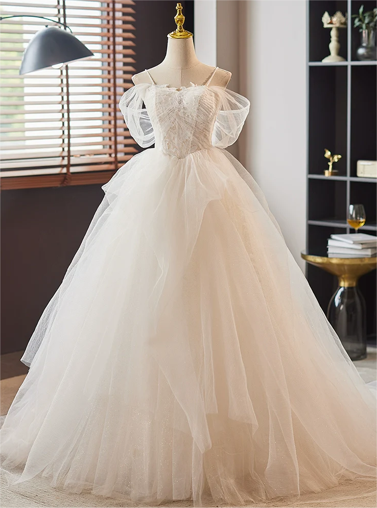 White A-line Sweetheart Neck Lace Tulle Long Prom Dress, White Long Formal Dress