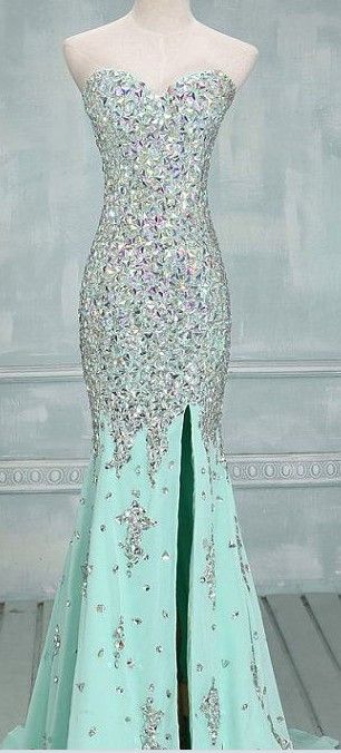 Real Made Prom Dresses, Floor-length Prom Dresses, Mint Green Prom Dresses Sequin Shiny Front Split Prom Dresses Charming Prom Dresses Evening