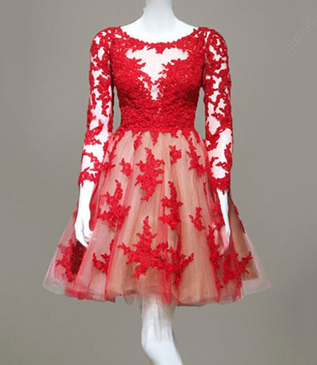 Real Made Red Lace O-neck Homecoming Dresses ,long Sleeve Graduation Dresses,homecoming Dress,short/mini Homecoming Dress