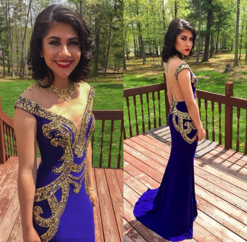 Long Royal Blue Prom Dresses With Sheer Back Sequins Teen Party Dress Vestidos Para Formaturas Formal Gowns