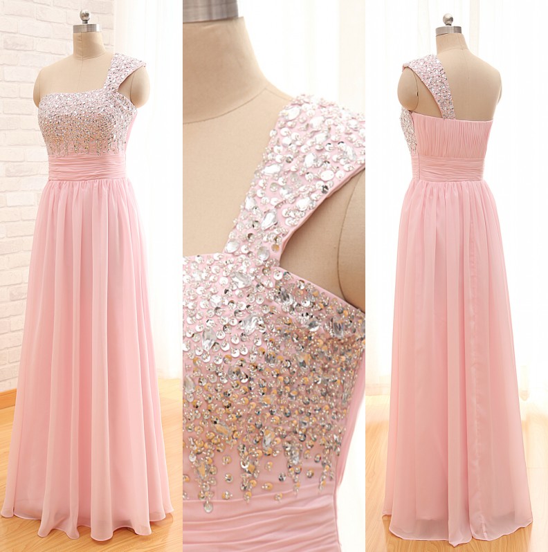 Long Chiffon Prom Dresses,one Shoulder Bridesmaid Dresses,sequined Beaded Evening Dresses,backless Party Dresses