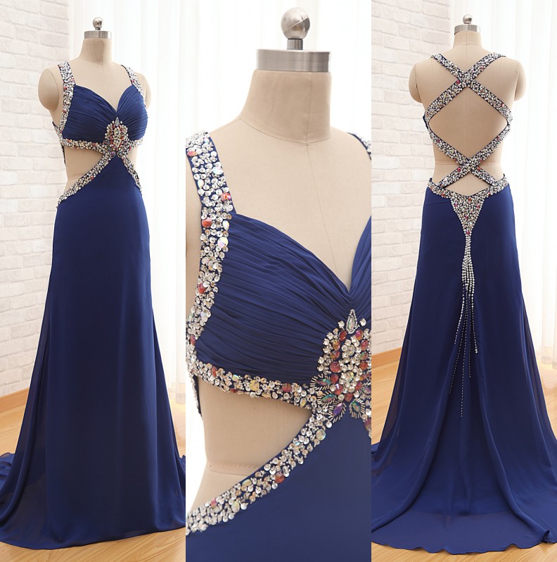 Navy Blue Sexy Prom Dresses,long Chiffon Prom Dresses,backless Prom Dresses,spaghetti Prom Dresses ,2016 Prom Dresses
