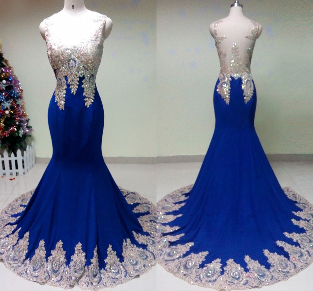 Custom Made Royal Blue Evening Dresses,Long Satin Formal Party Dresses,Mermaid Appliques Beaded Prom Gowns,Sheer Back Women Evening Dresses