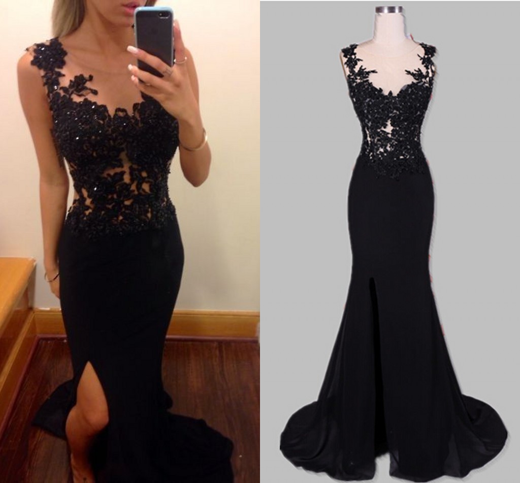 Black Sexy Evening Dresses Mermaid Sheer Scoop Appliques Backless Side Slit Chiffon Long Women Formal Party Dresses Prom Gowns