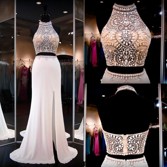 Two Pieces Beading Prom Dresses, Floor-length Evening Dresses, Real Made Charming Evening Dresses