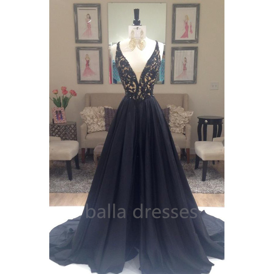 Top Fashion 2016 Black Prom Dress Satin Spaghetti Long Train Prom Dresses Sexy Long Beaded Evening Dresses Vestidos De Festa
