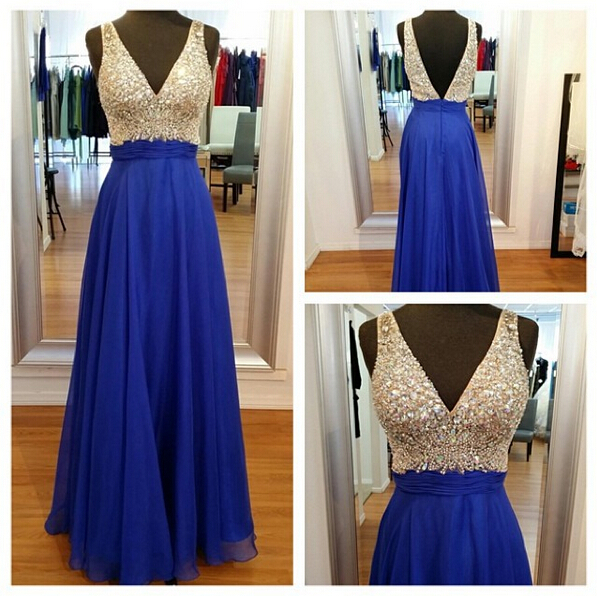 A-line V-neckline Blue Prom Dress,deep V-back Graduation Dress,beaded Royal Blue Occasion Dress,evening Party Dress