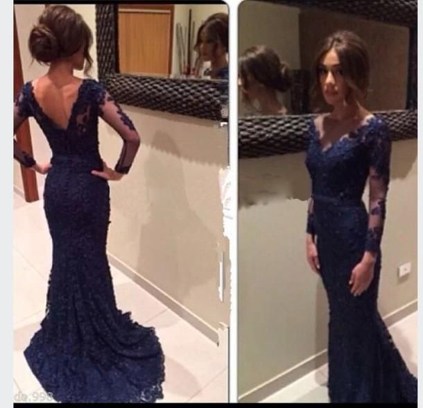 Long Sleeves Lace Prom Dresses,v-neckline Lace Bridesmaid Dresses,navy Blue Lace Evening Dresses,deep Blue Lace Prom Dresses