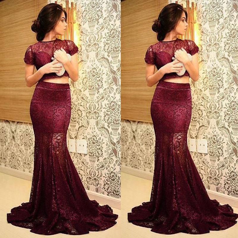 Two Pieces Evening Dresses 2016 Evening Dress Design Short Sleeve Vestido Celebrity Evening Prom Gowns Formal Party Gown Sweep Train