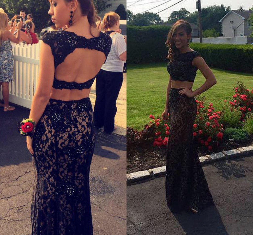All Black Full Lace Prom Dresses Two Pieces Evening Wear Floor Length Backless Jewel Collar Beading Party Celebrity Dress Banquet Gowns