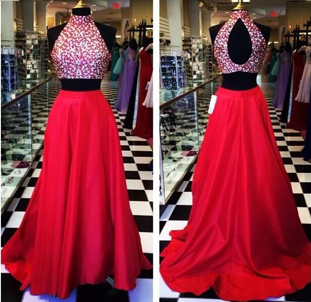 Stunning Red Evening Dresses Two Pieces High Neck A Line Satin Backless 2 Piece Prom Dresses Formal Gowns Pageant Dress 2016 Custom