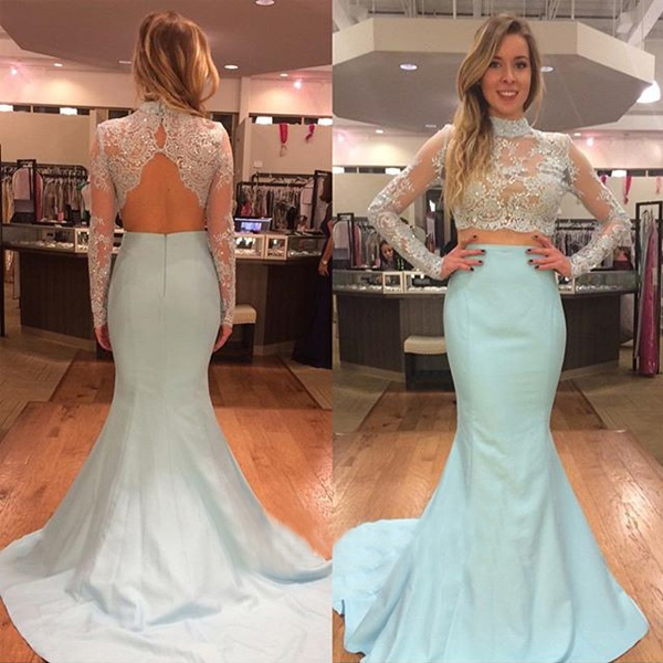 Fashion Mint High Neck Lace Prom Dresses Evening Gowns With Long Sleeves Sequin Beaded Mermaid Satin Hollow Back Evening Dress , Formal Gowns