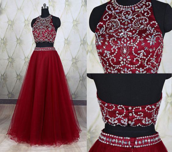 Wine Red 2 Piece Prom Dresses With Sheer Neckline Hollow Back Crystal Sequined Bling Beaded Tulle A Line Evening Formal Dress Gown Custom