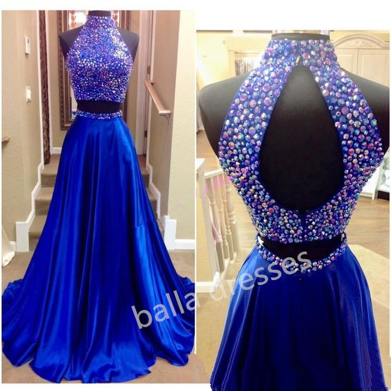 Royal Blue Side Split Prom Dresses 11330 High Neck Two Pieces Evening Formal Pageant Dress Gowns Custom A Line