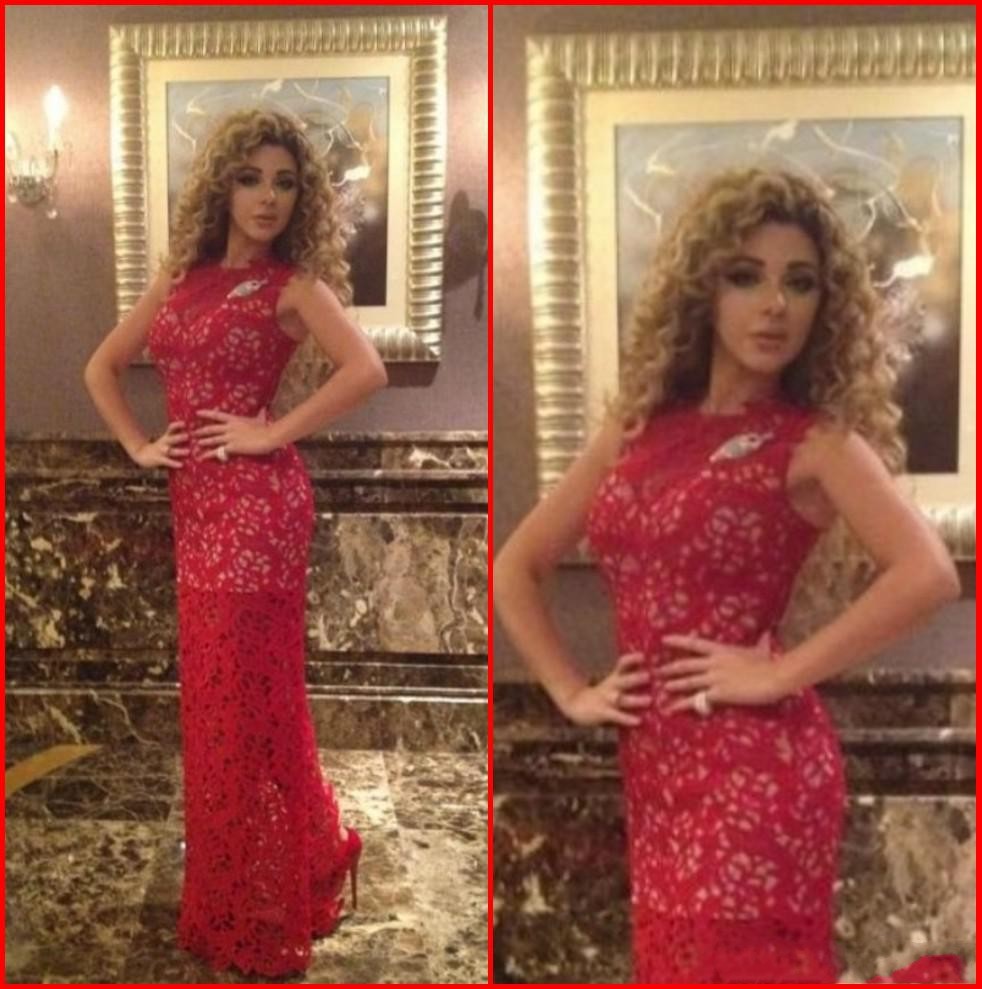 Dresses Evening Wear Myriam Fares Red Evening Dresses Jewel Collar Sweep Train Lace Appliques Prom Pageant Formal Party Dress Gown