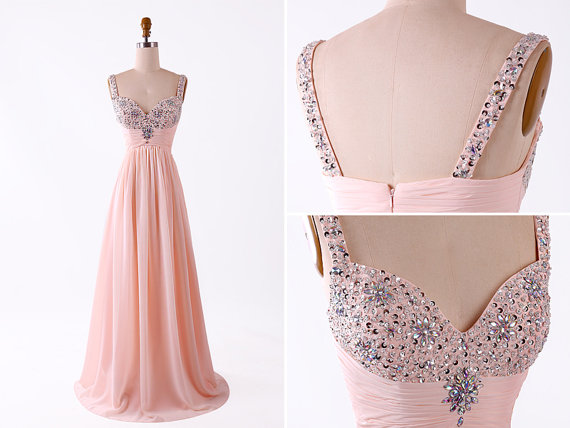 Fashion Blush Pink Empire Summer Prom Dresses 2016 Long Chiffon Crystals Beaded Pleated Evening Dress Formal Gowns Prom Dress Custom Floor