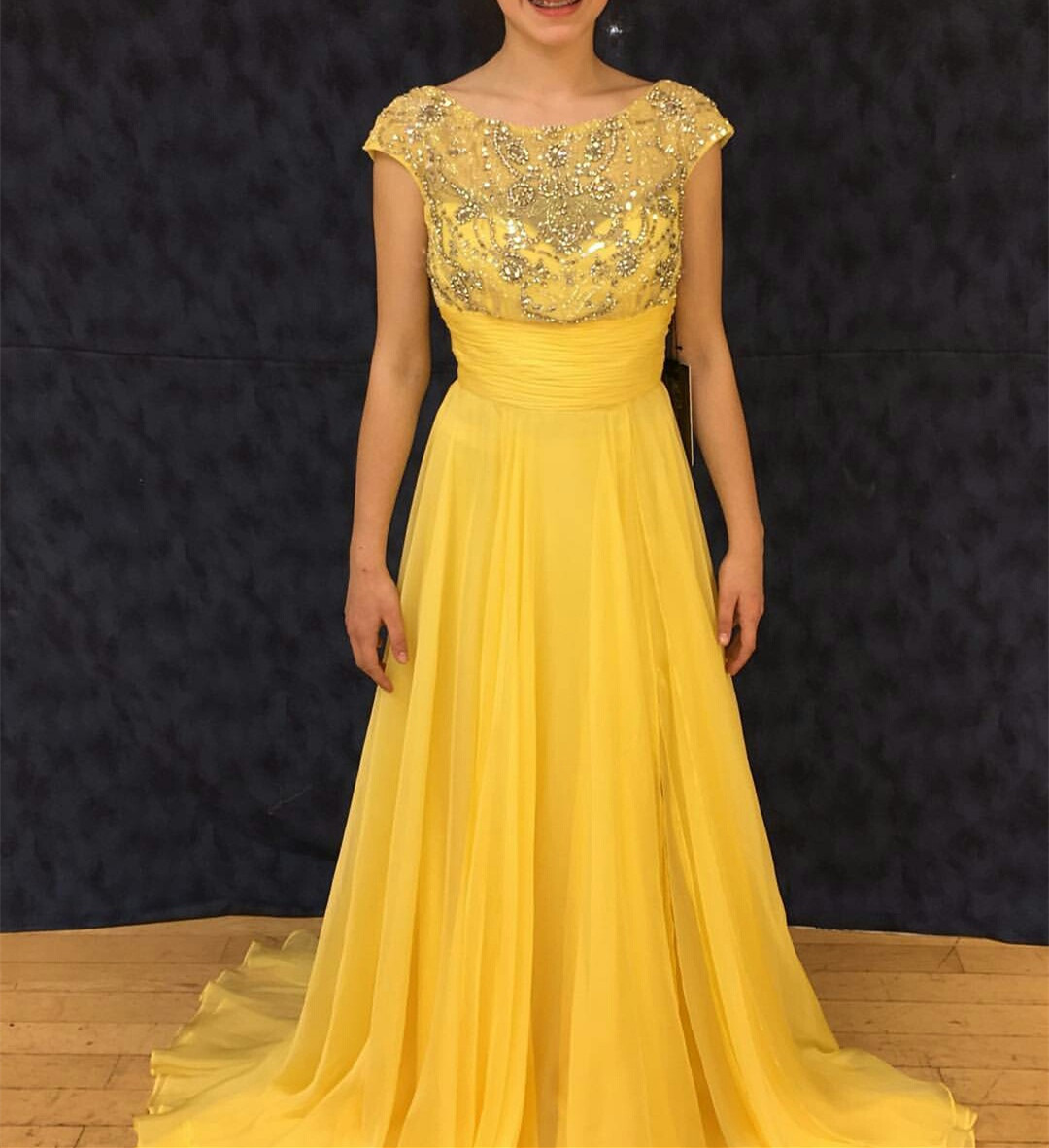 Yellow Beaded Scoop Neckline Cap Sleeves Floor Length Prom Dress