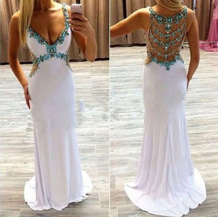 Prom Dress, White Prom Dress, 2016 Prom Dress, Turquoise Crystals Prom Dress, Open Back Prom Gowns, Prom Dress, Elegant Prom Dress, Custom Made