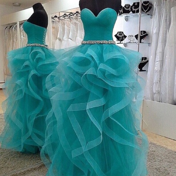 Teal Tulle Sweetheart Ball Gown Prom Dress With Ruffled Skit