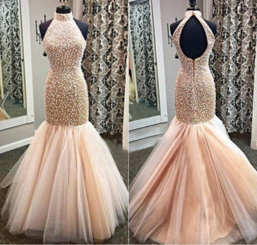 2017 Champagne Prom Dresses,mermaid Prom Gowns,tulle Prom Dresses,beading Prom Dresses,mermaid Prom Gown,2016 Prom Dress,backless Evening Gonw