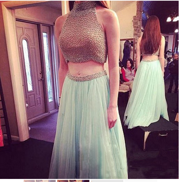 2 Piece Prom Gown,two Piece Prom Dresses,mint Evening Gowns,2 Pieces Party Dresses,chiffon Evening Gowns,backless Formal Dress,sparkly Evening