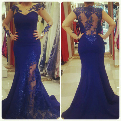 Royal Blue Prom Dresses,2016 Lace Evening Dress,backless Prom Dress,prom Dresses With Long Sleeves,charming Prom Gown,open Back Prom
