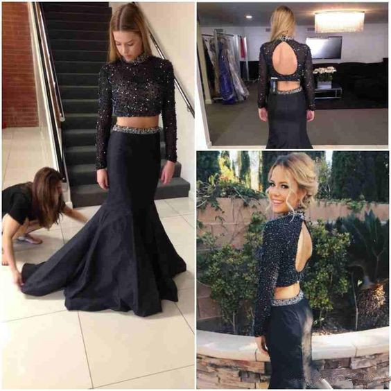 Sexy Prom Dresses,2 Pieces Prom Dress,backless Evening Gown,long Formal Dress,backless Prom Gowns,open Backs Evening Dresses,black Party Gowns