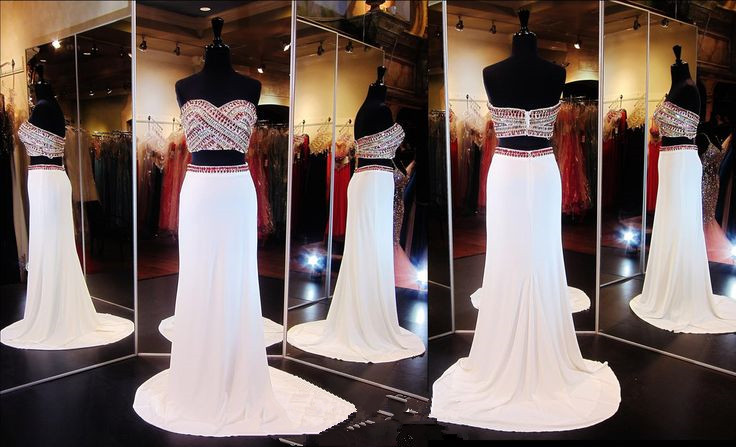 White 2 Piece Prom Gown,two Piece Prom Dresses,evening Gowns,2 Pieces Party Dresses,sexy Evening Gowns,sparkle Formal Dress For Teens