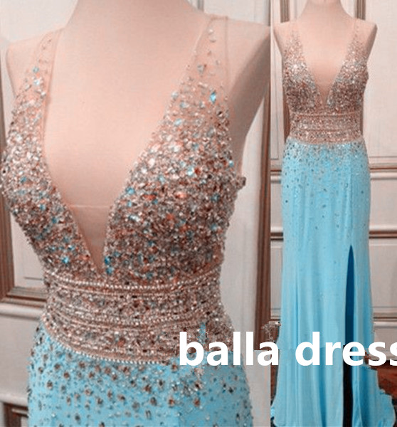 Prom Dress,bling Prom Dress, Deep V Prom Dress,leg Open Evening Dress,formal Prom Dress, Blue Beaded Prom Dresses, Gorgeous Prom Dress