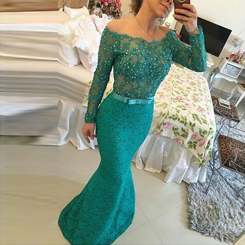 2017 Mermaid Prom Dress,off The Shoulder Green Long Prom Dress Long Sleeve Crystals Prom Dress,pageant Party Gowns