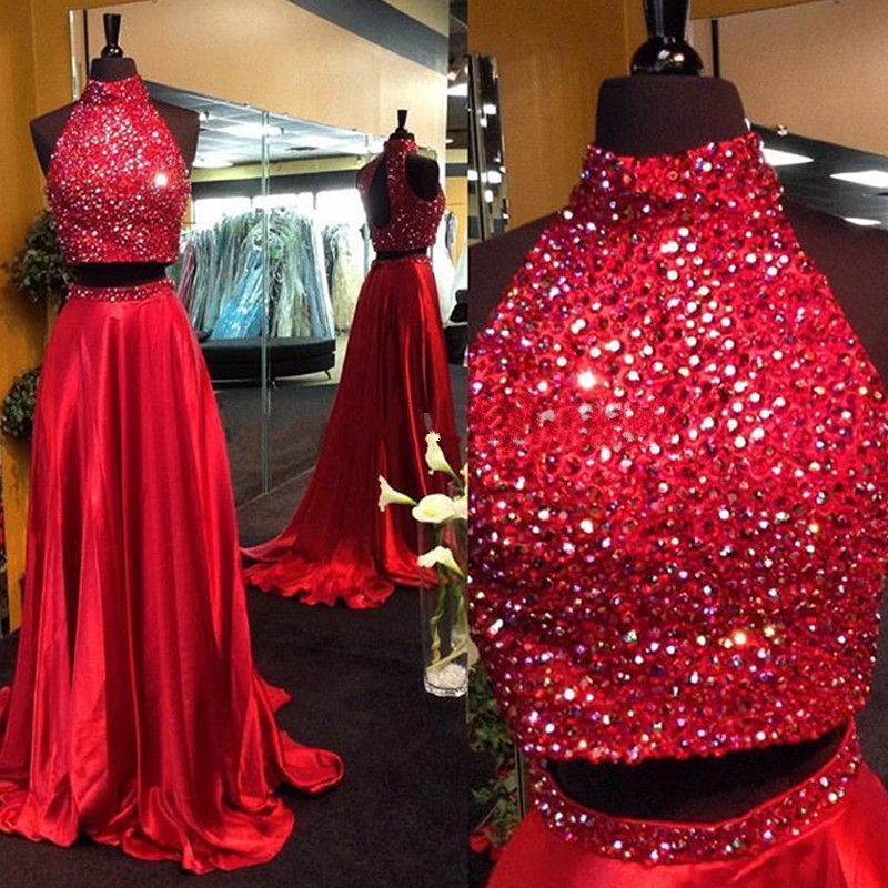 Red Two-piece Crystal Embellished High Neck Floor Length Satin Prom Dress, Bridesmaid Dress