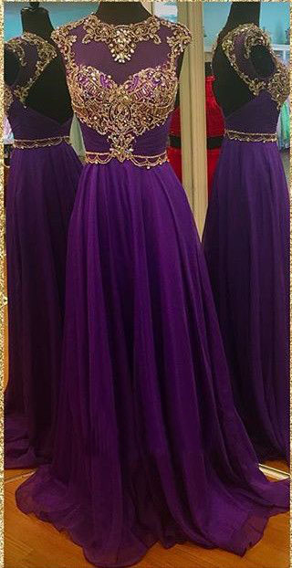 Purple Prom Dress,cap Sleeve Open Back Prom Dress,gold Appliques Beaded Long Chiffon Prom Dress,evening Dress,formal Dress,prom Dress For