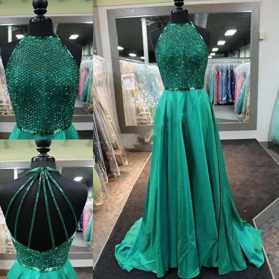 Charming Halter Beaded Prom Dress,dark Green Prom Dress,homecoming Dress,evening Dress,pageant Dress,formal Dress